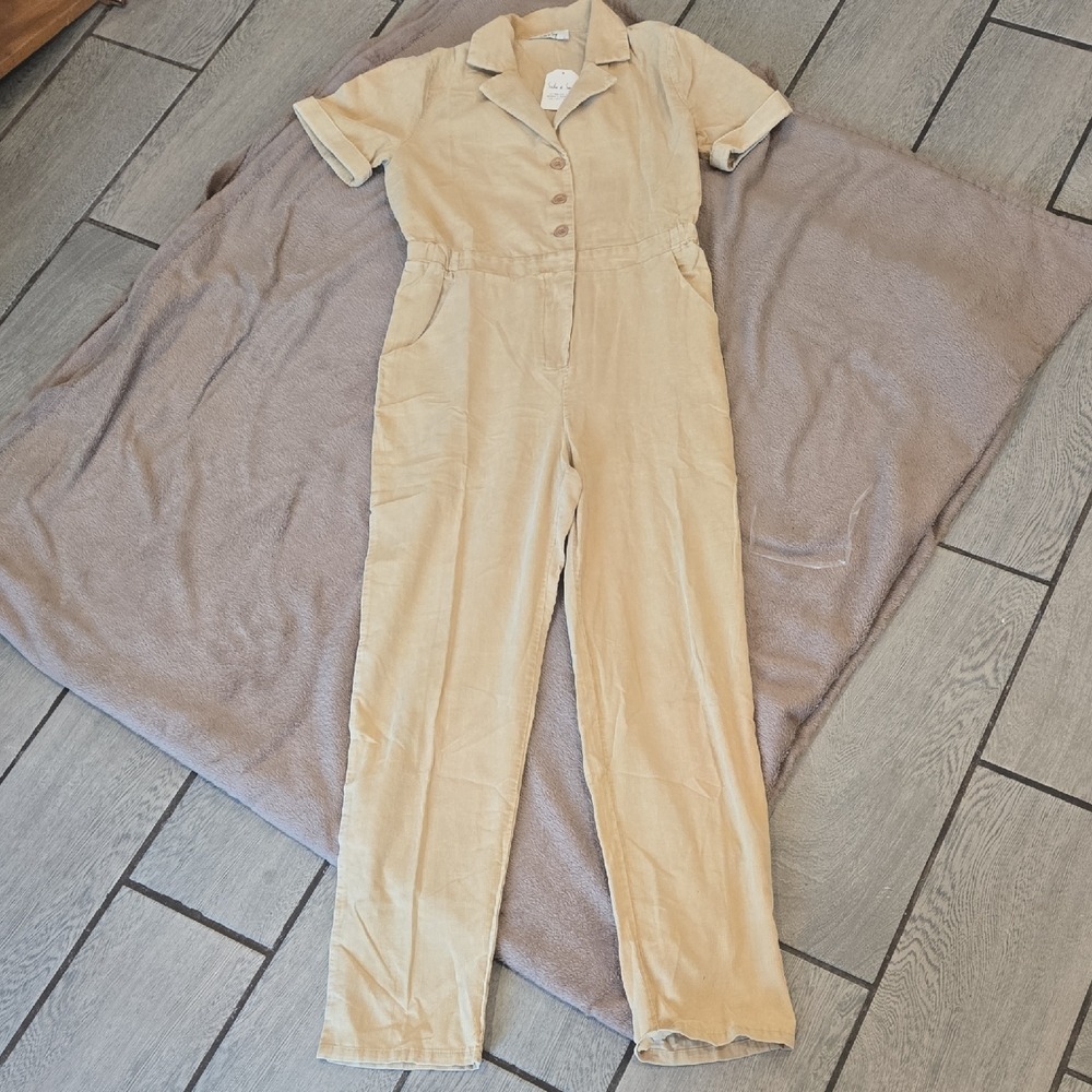 Sadie & Sage Khaki Corduroy Short Sleeve Utility Jumpsuit AE3904‎ Small NEW